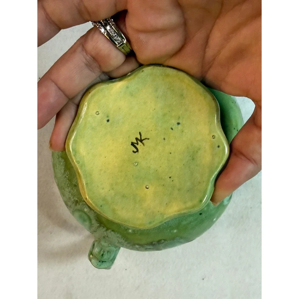 Vintage Studio Pottery Pitcher Green Drip Glaze Ewer Scalloped‎ Cottagecore